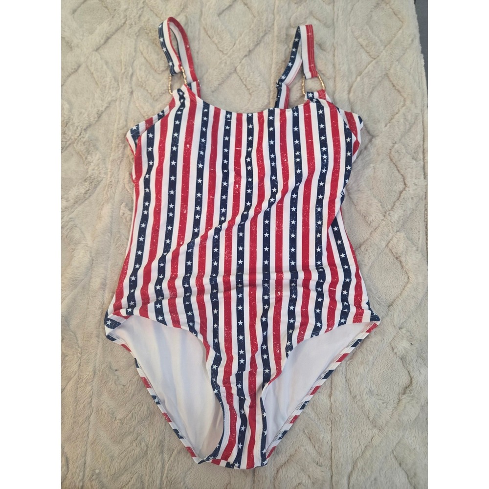 Americana Stars and Stripes One Piece Swimsuit Gold Ring Accent Red White Blue M - Picture 2 of 5